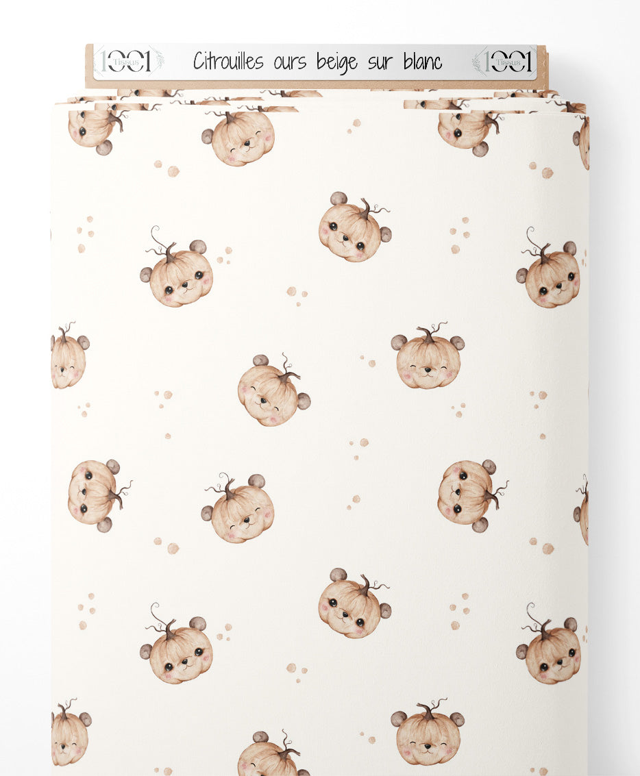 Tissu - Citrouilles ours beige sur blanc