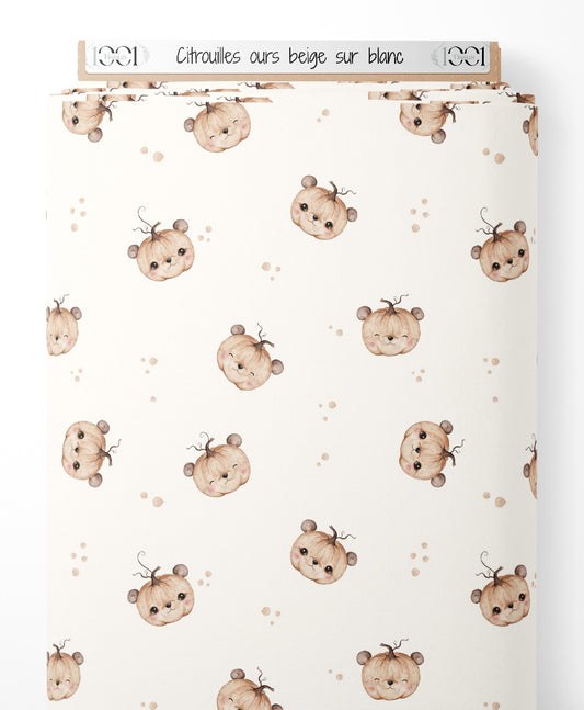 Tissu - Citrouilles ours beige sur blanc