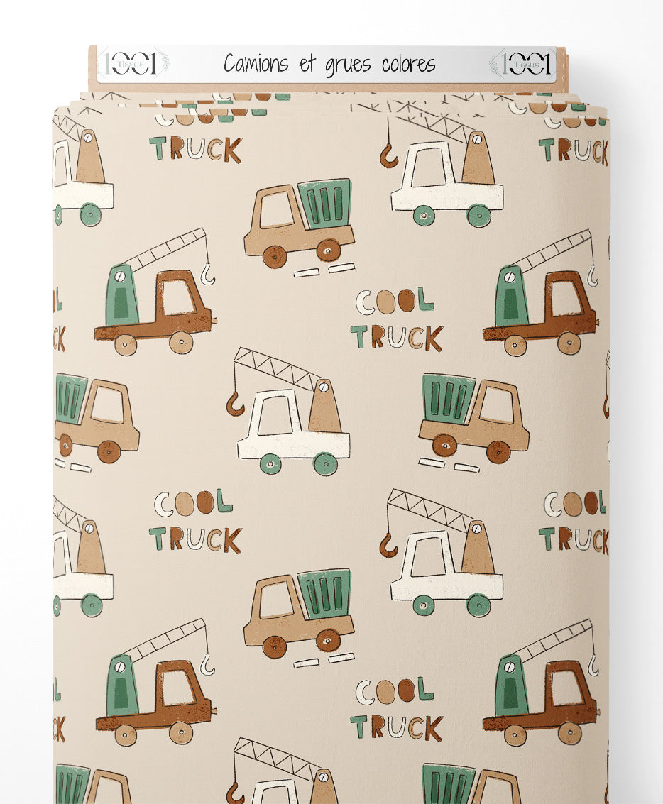Tissu - Camions et grues colorés