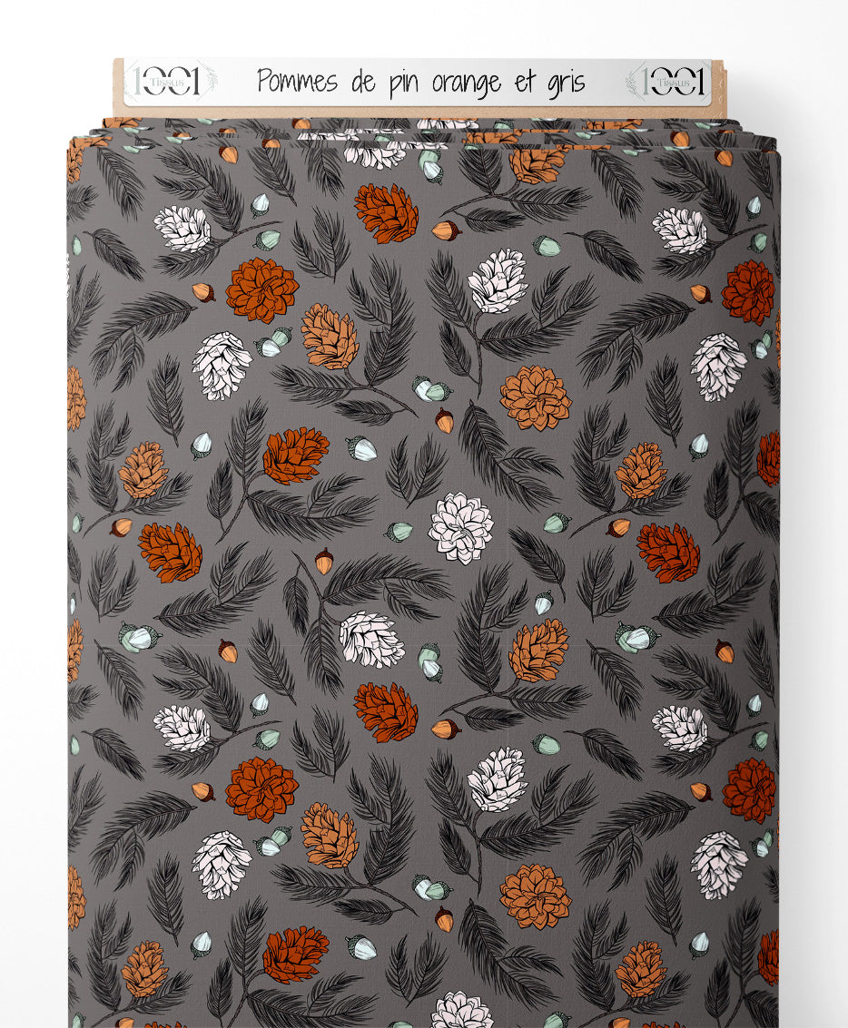 Tissu - Pommes de pin orange et gris