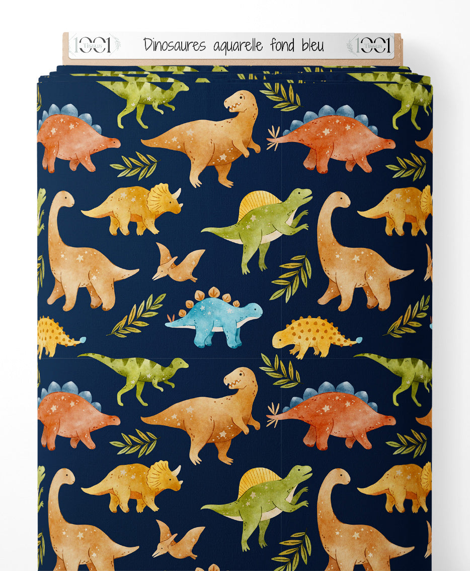 Tissu - Dinosaures aquarelle fond bleu