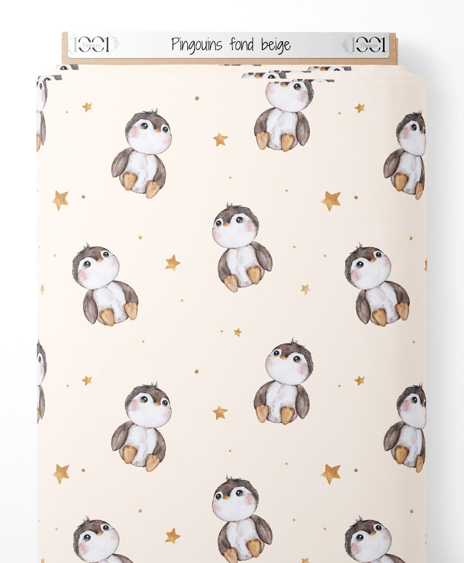 Tissu - Pingouins sur fond beige
