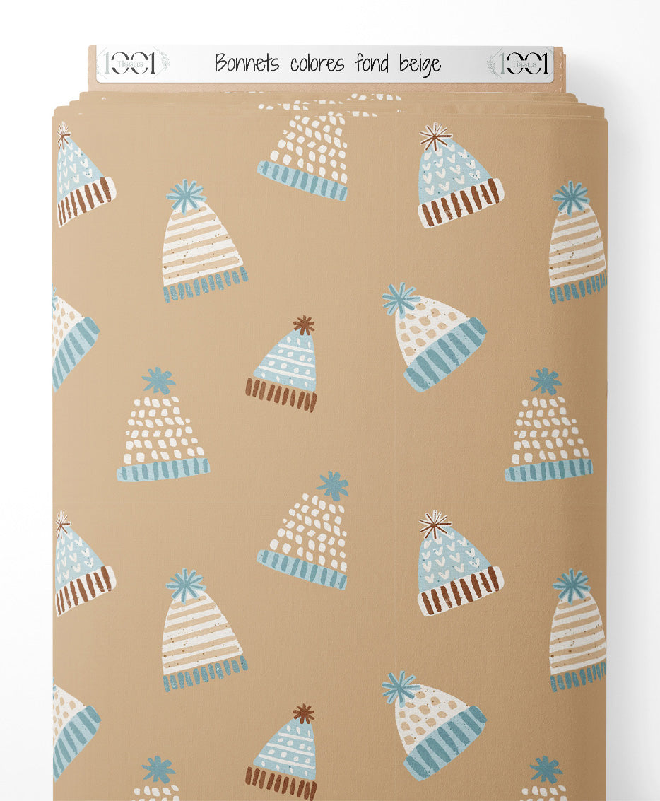 Tissu - Bonnets colorés sur fond beige