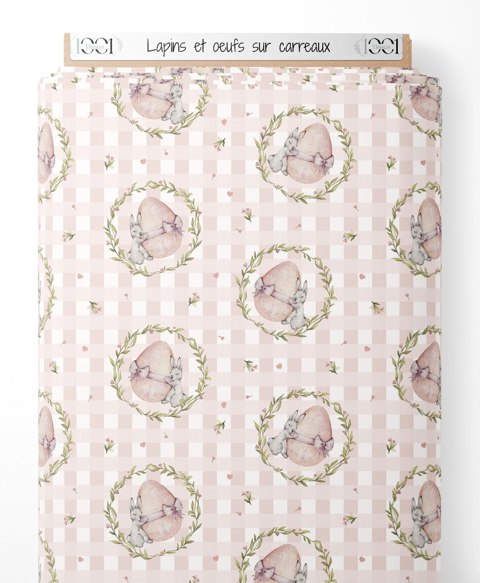 Tissu - Lapins et œufs sur carreaux