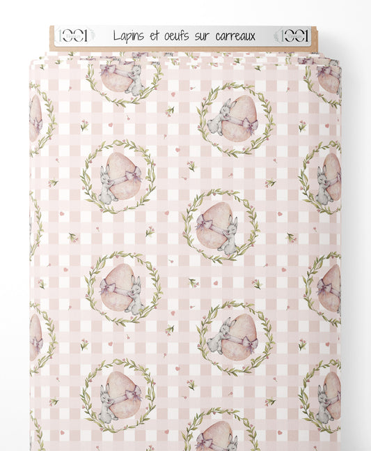 Tissu - Lapins et œufs sur carreaux