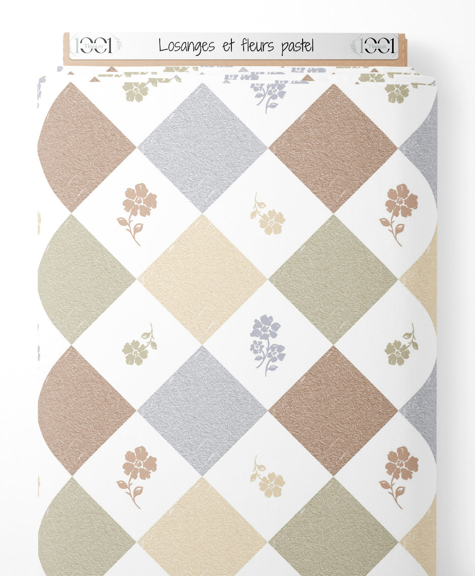 Tissu - Losanges et fleurs pastel