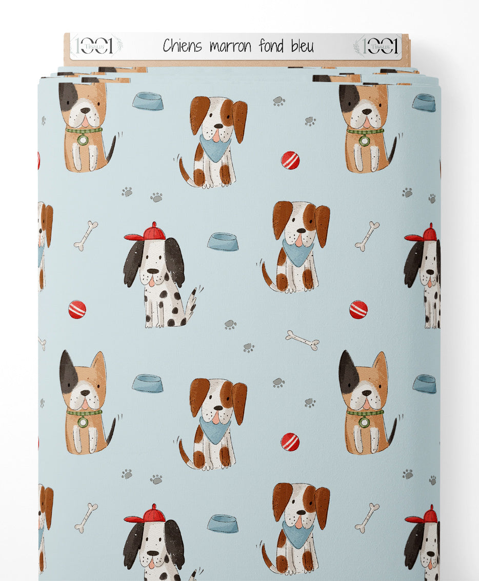 Tissu - Chiens marron sur fond bleu
