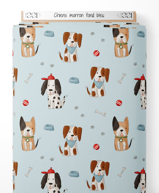 Tissu - Chiens marron sur fond bleu