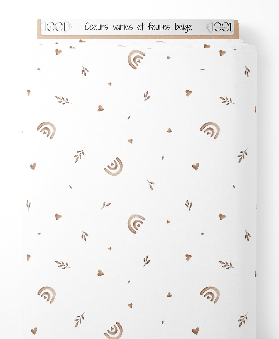 Tissu - Cœurs variés et feuilles beige