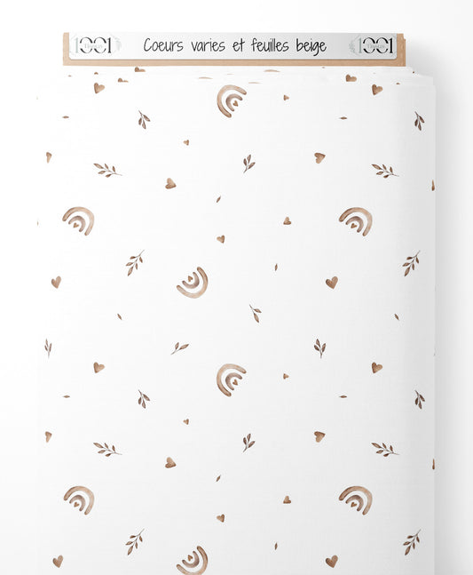 Tissu - Cœurs variés et feuilles beige