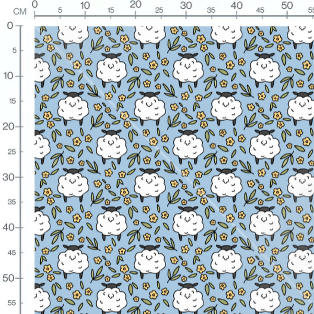 Tissu - Moutons et fleurs jaunes