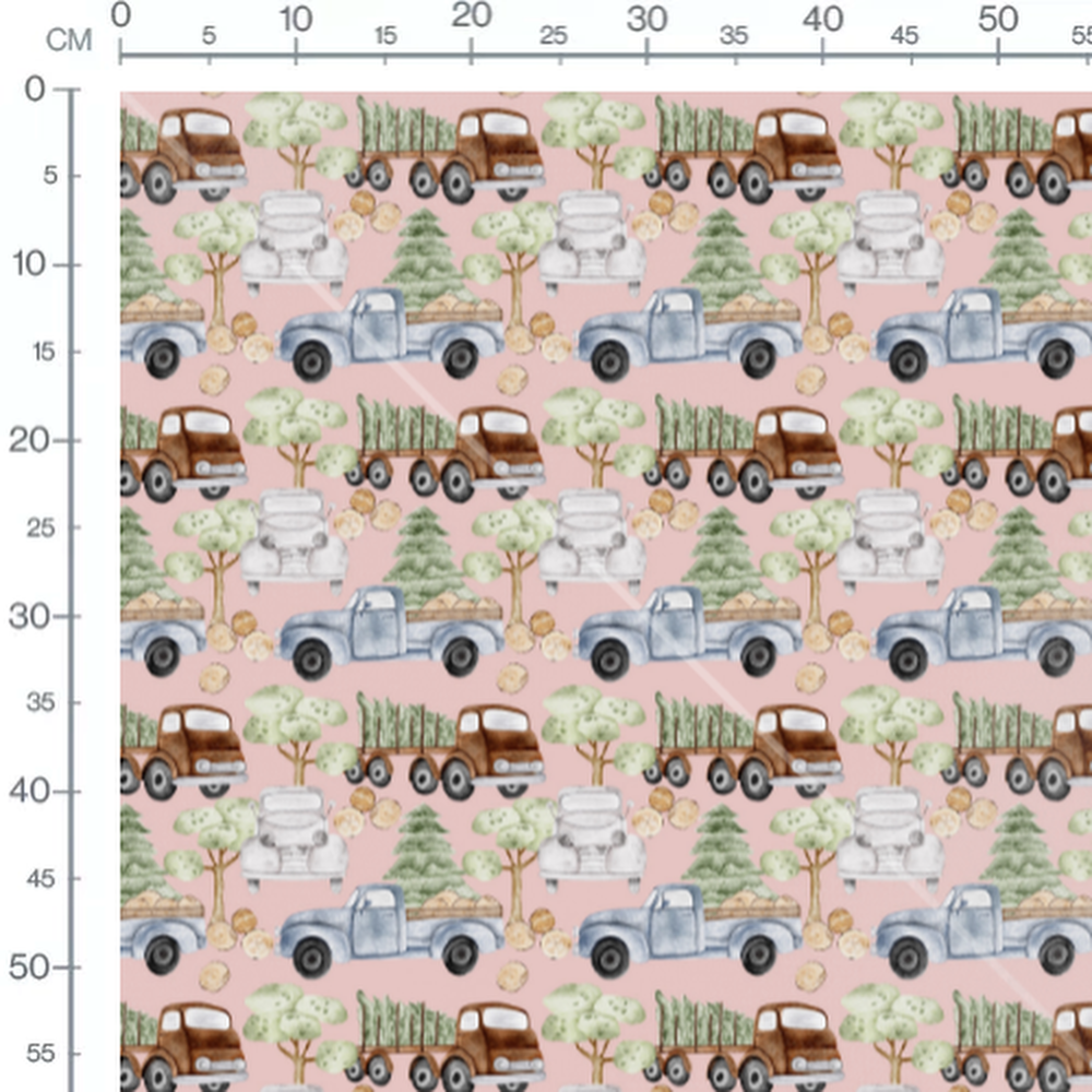 Tissu - Camions vintage sur fond rose