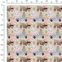Tissu - Camions vintage sur fond rose