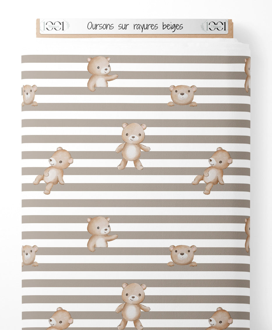 Tissu - Oursons sur rayures beiges