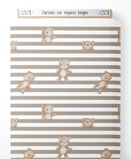 Tissu - Oursons sur rayures beiges