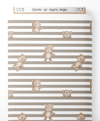Tissu - Oursons sur rayures beiges