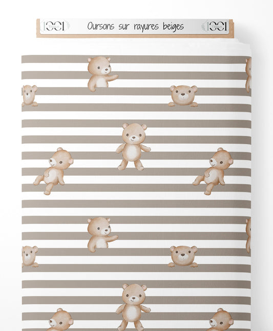 Tissu - Oursons sur rayures beiges