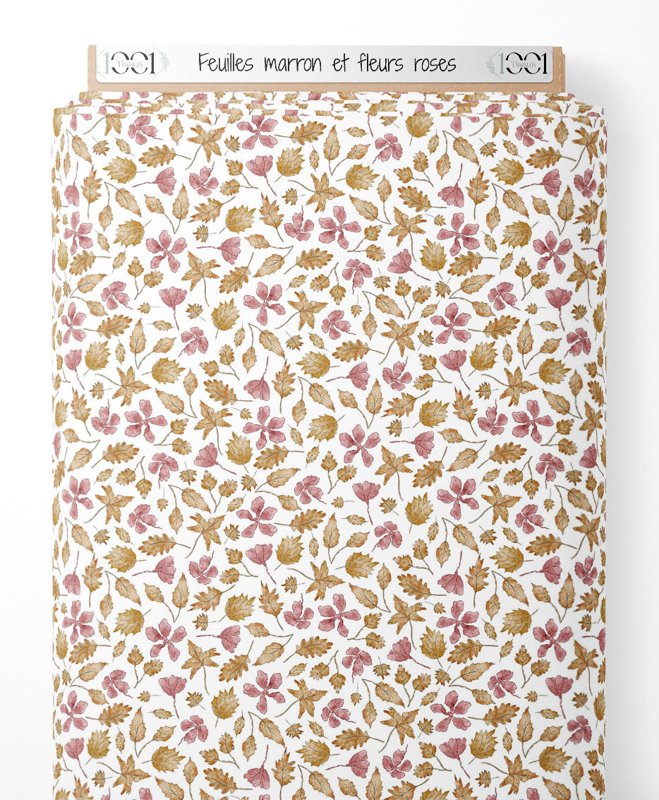 Tissu - Feuilles marron et fleurs roses