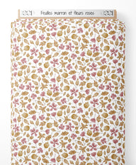 Tissu - Feuilles marron et fleurs roses