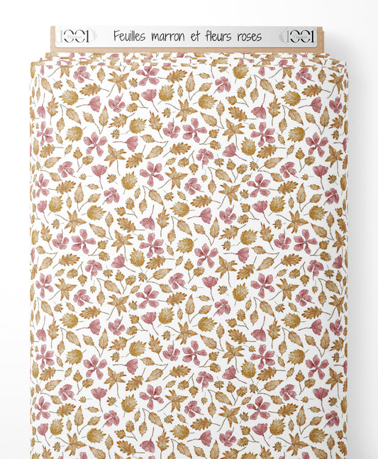 Tissu - Feuilles marron et fleurs roses