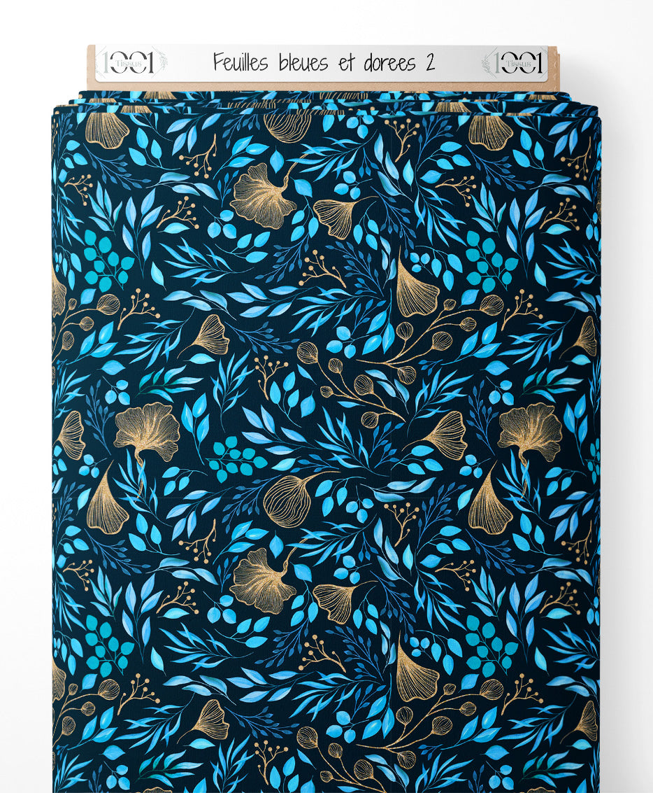 Tissu - Feuilles bleues et dorées 2