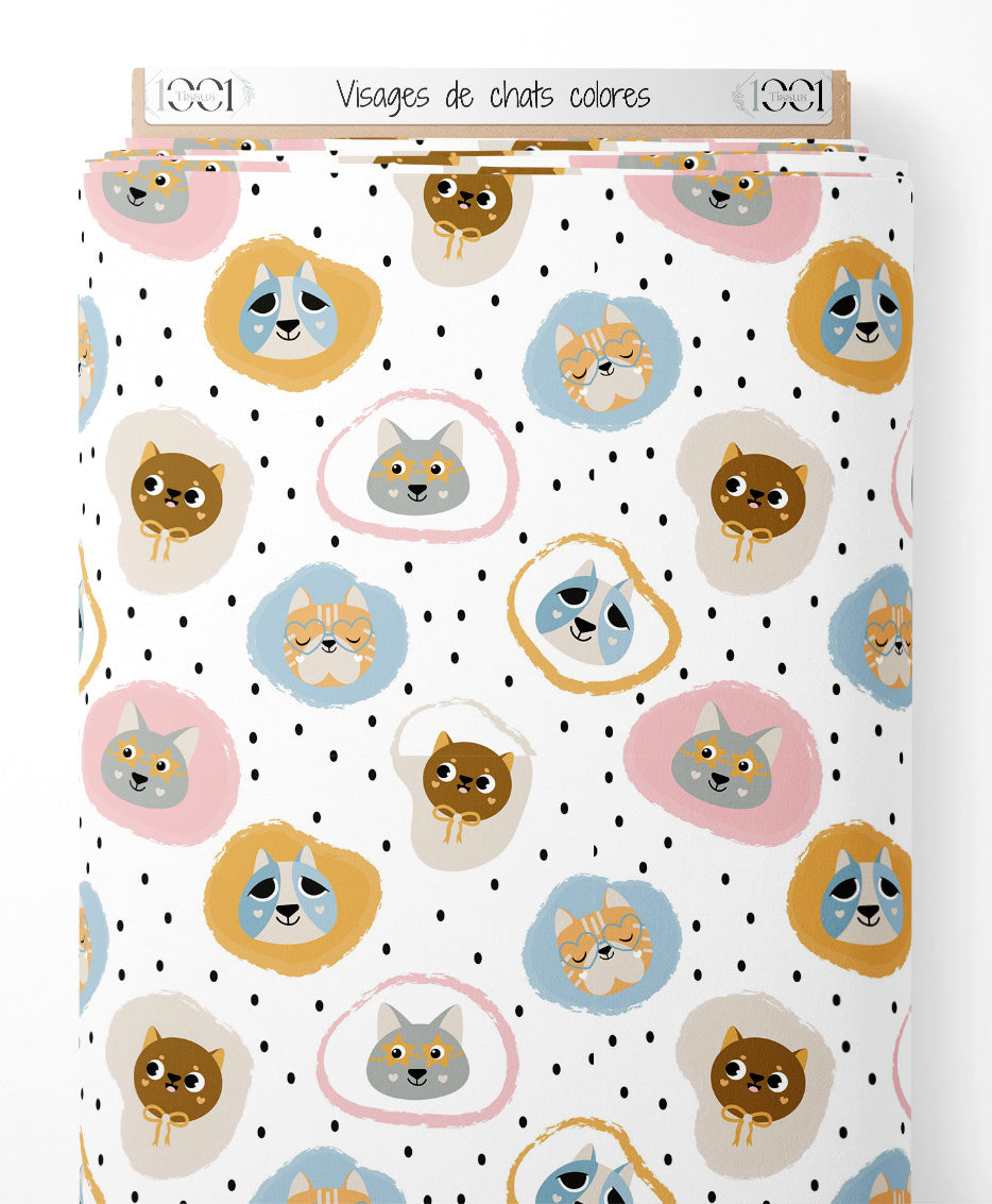 Tissu - Visages de chats colorés
