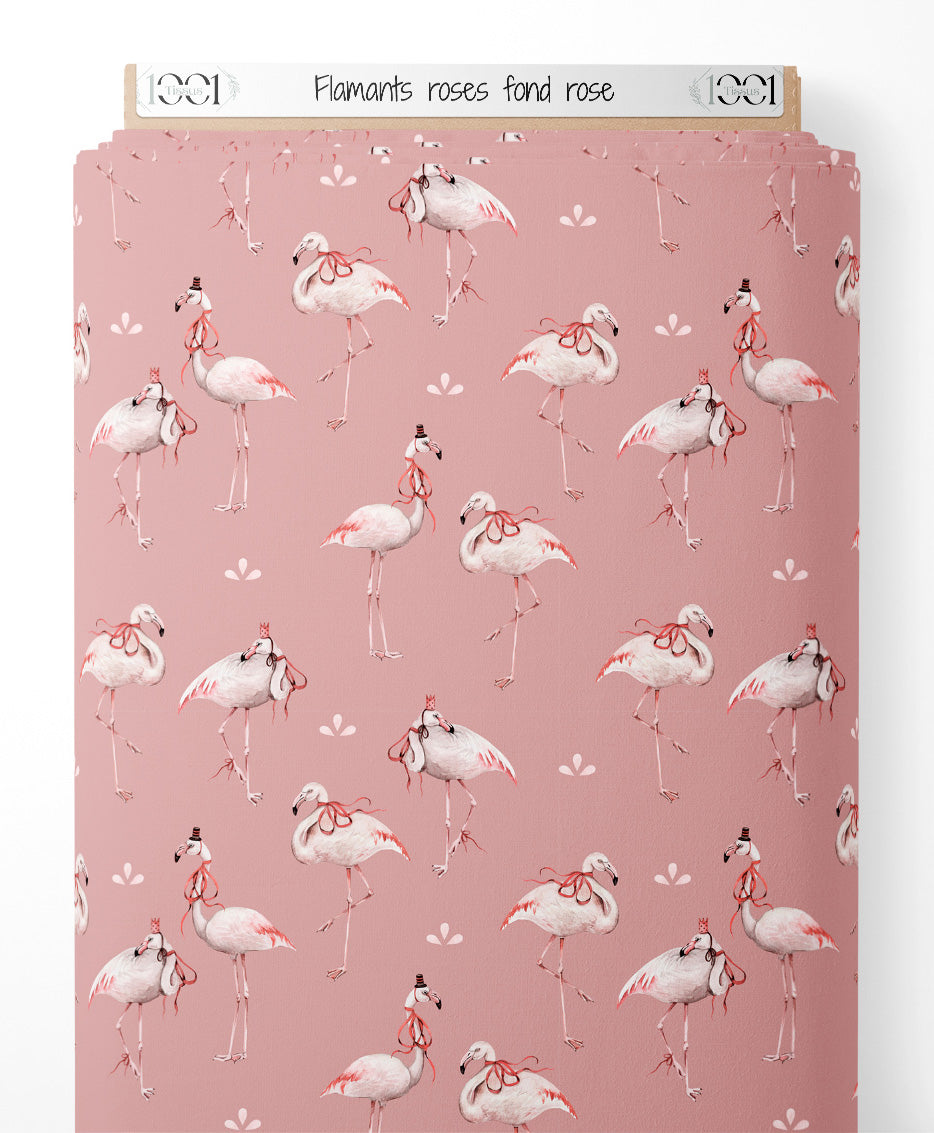 Tissu - Flamants roses sur fond rose