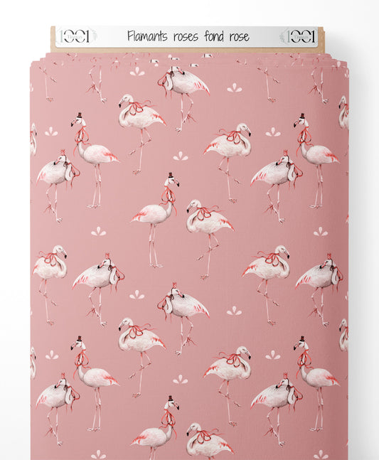 Tissu - Flamants roses sur fond rose