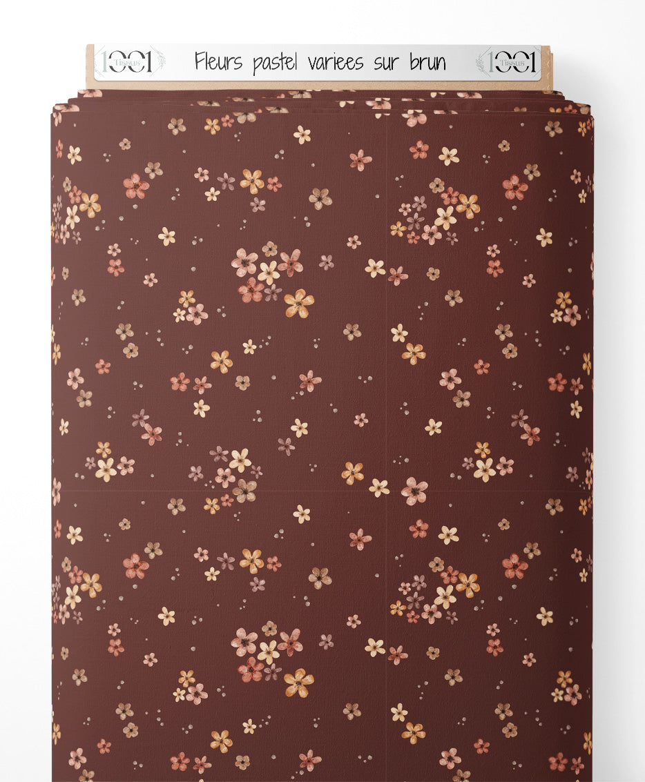 Tissu - Fleurs pastel variées sur brun