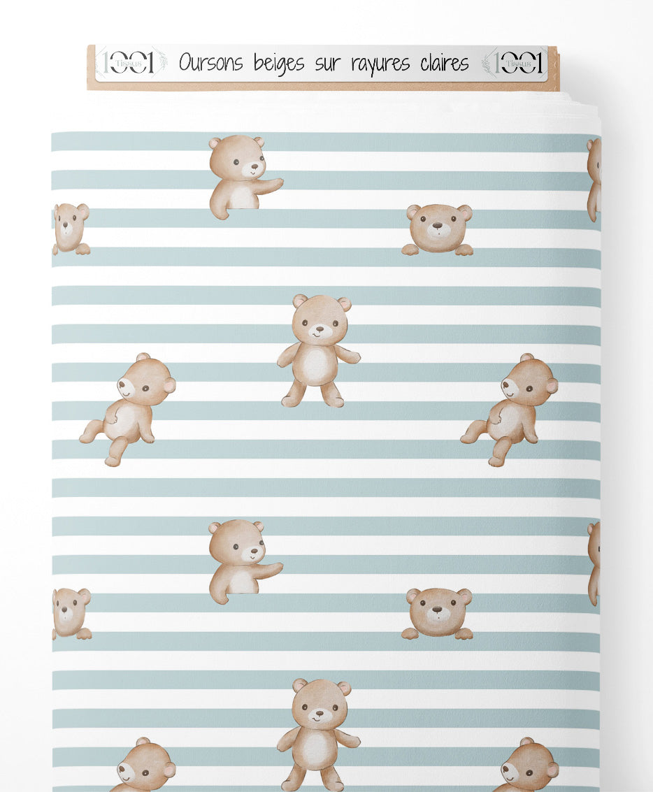 Tissu - Oursons beiges sur rayures claires