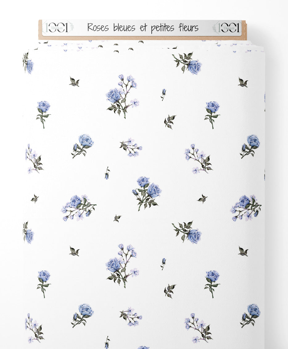 Tissu - Roses bleues et petites fleurs