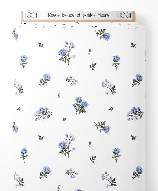 Tissu - Roses bleues et petites fleurs