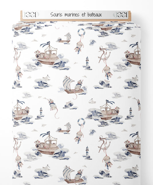 Tissu - Souris marines et bateaux