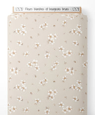 Tissu - Fleurs blanches et bourgeons bruns