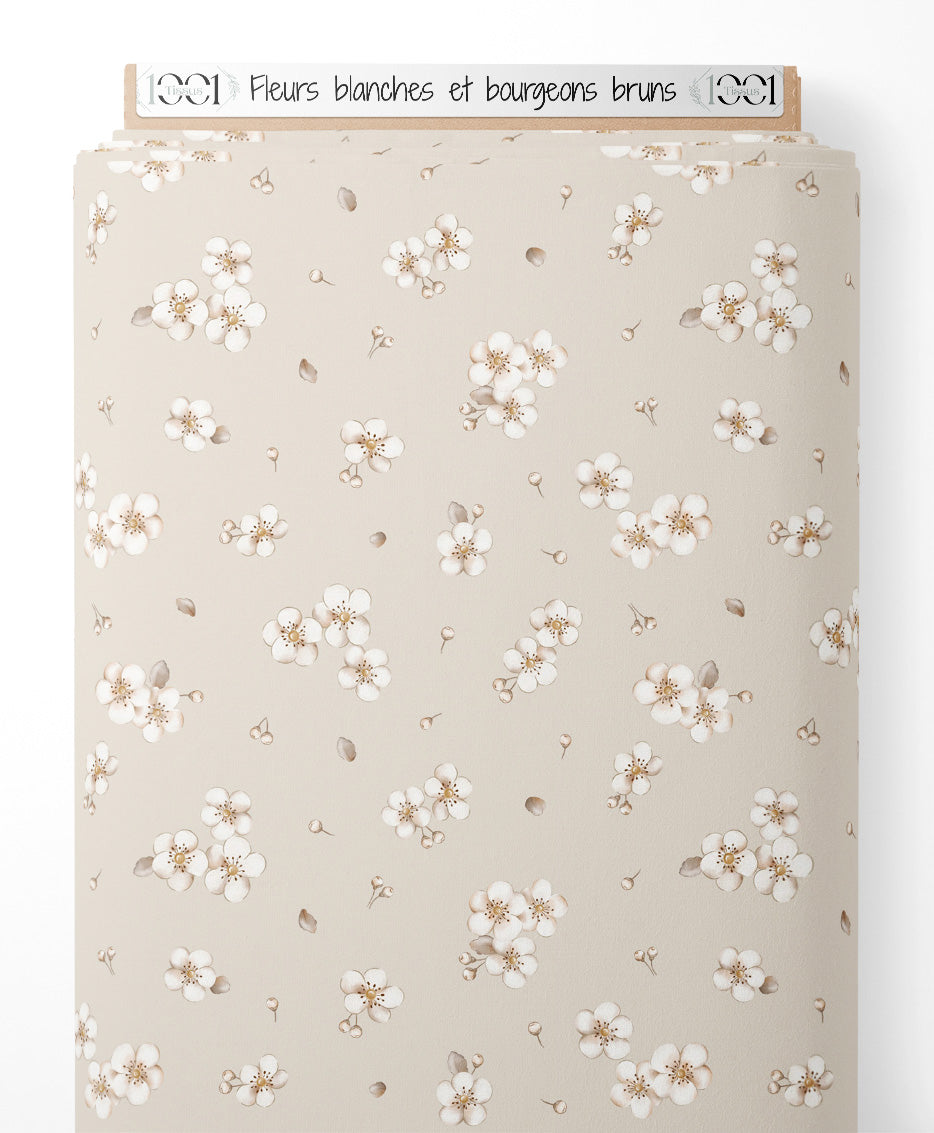 Tissu - Fleurs blanches et bourgeons bruns