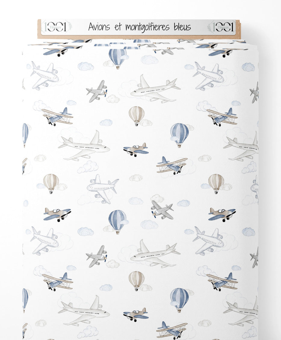 Tissu - Avions et montgolfières bleus