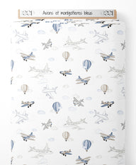 Tissu - Avions et montgolfières bleus