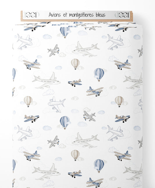 Tissu - Avions et montgolfières bleus