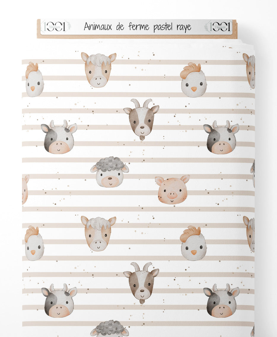 Tissu - Animaux de ferme pastel rayé