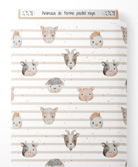 Tissu - Animaux de ferme pastel rayé