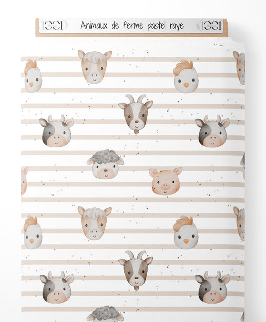 Tissu - Animaux de ferme pastel rayé