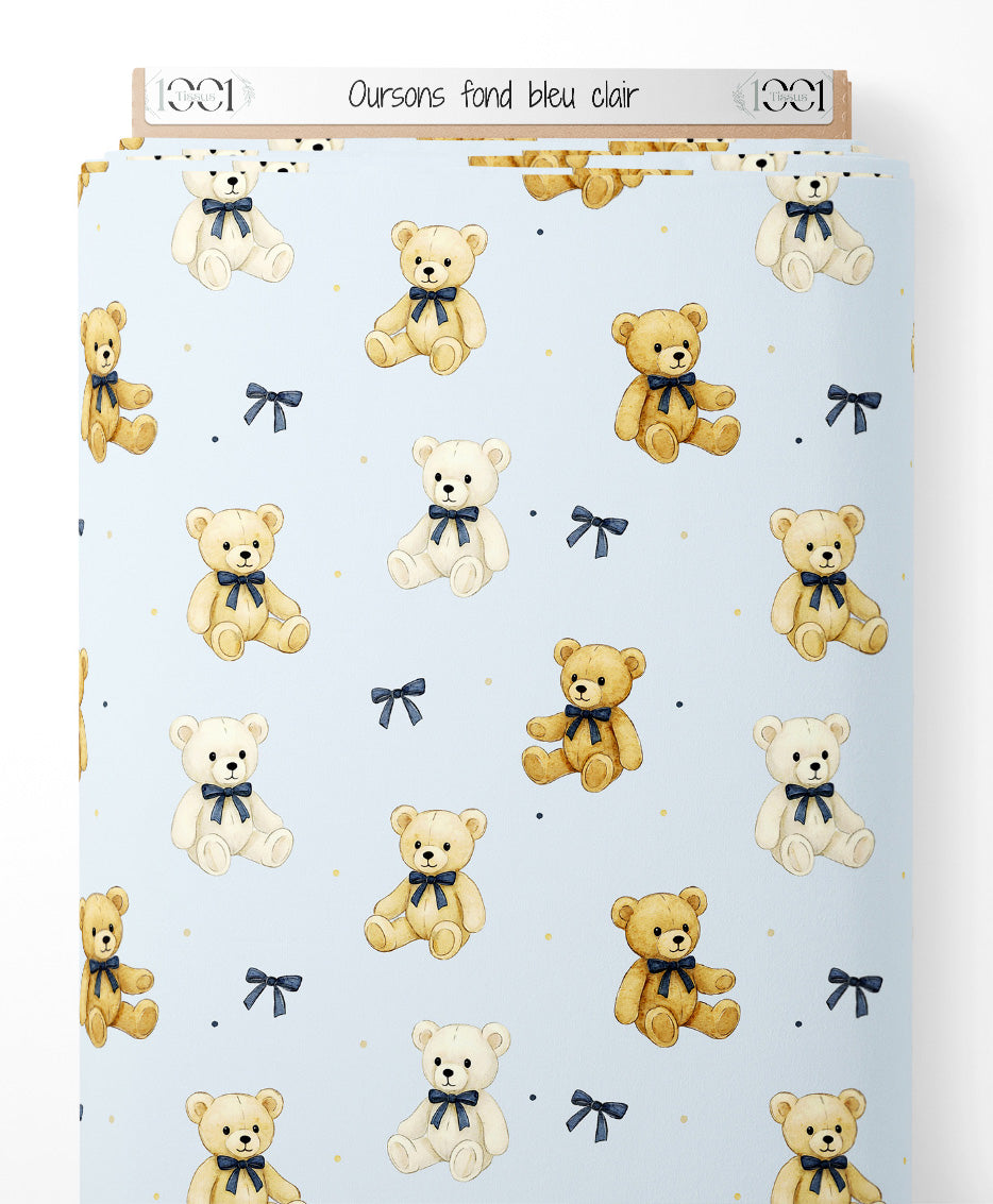Tissu - Oursons sur fond bleu clair