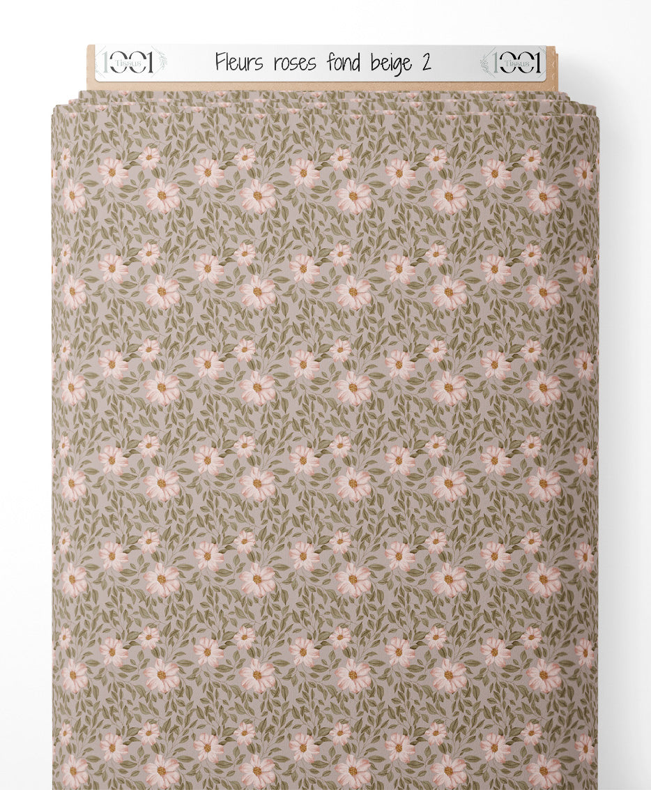 Tissu - Fleurs roses sur fond beige 2