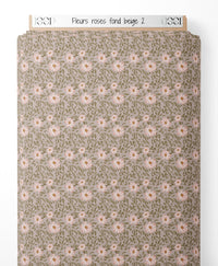 Tissu - Fleurs roses sur fond beige 2