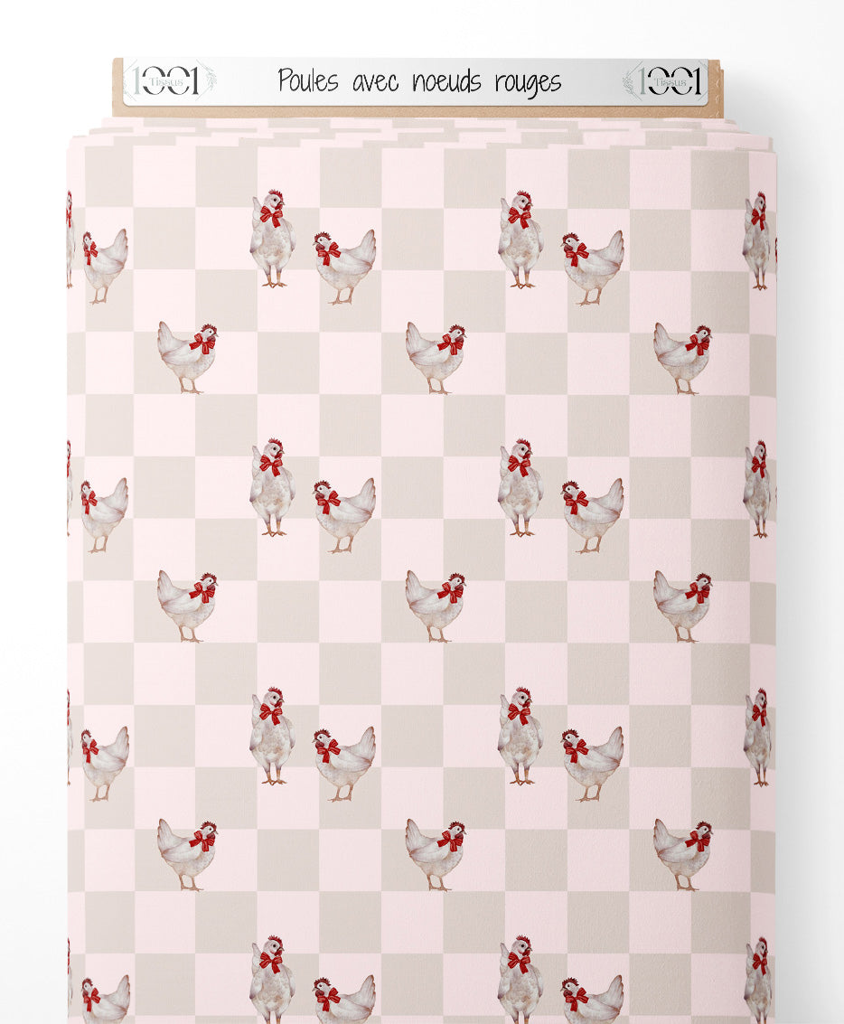 Tissu - Poules avec nœuds rouges