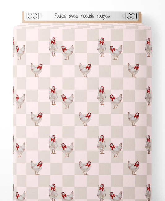 Tissu - Poules avec nœuds rouges