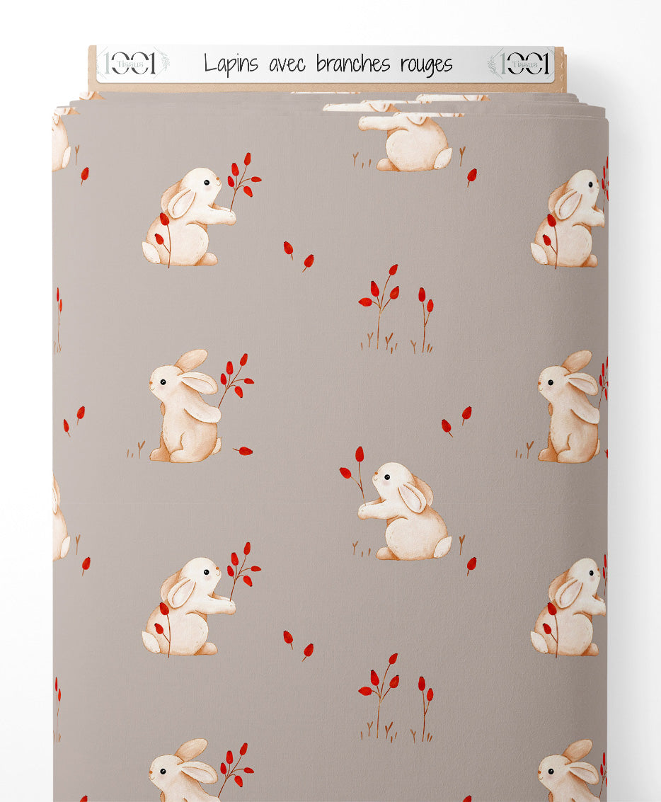 Tissu - Lapins avec branches rouges