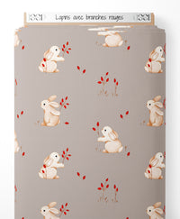 Tissu - Lapins avec branches rouges