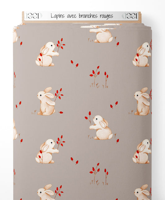 Tissu - Lapins avec branches rouges