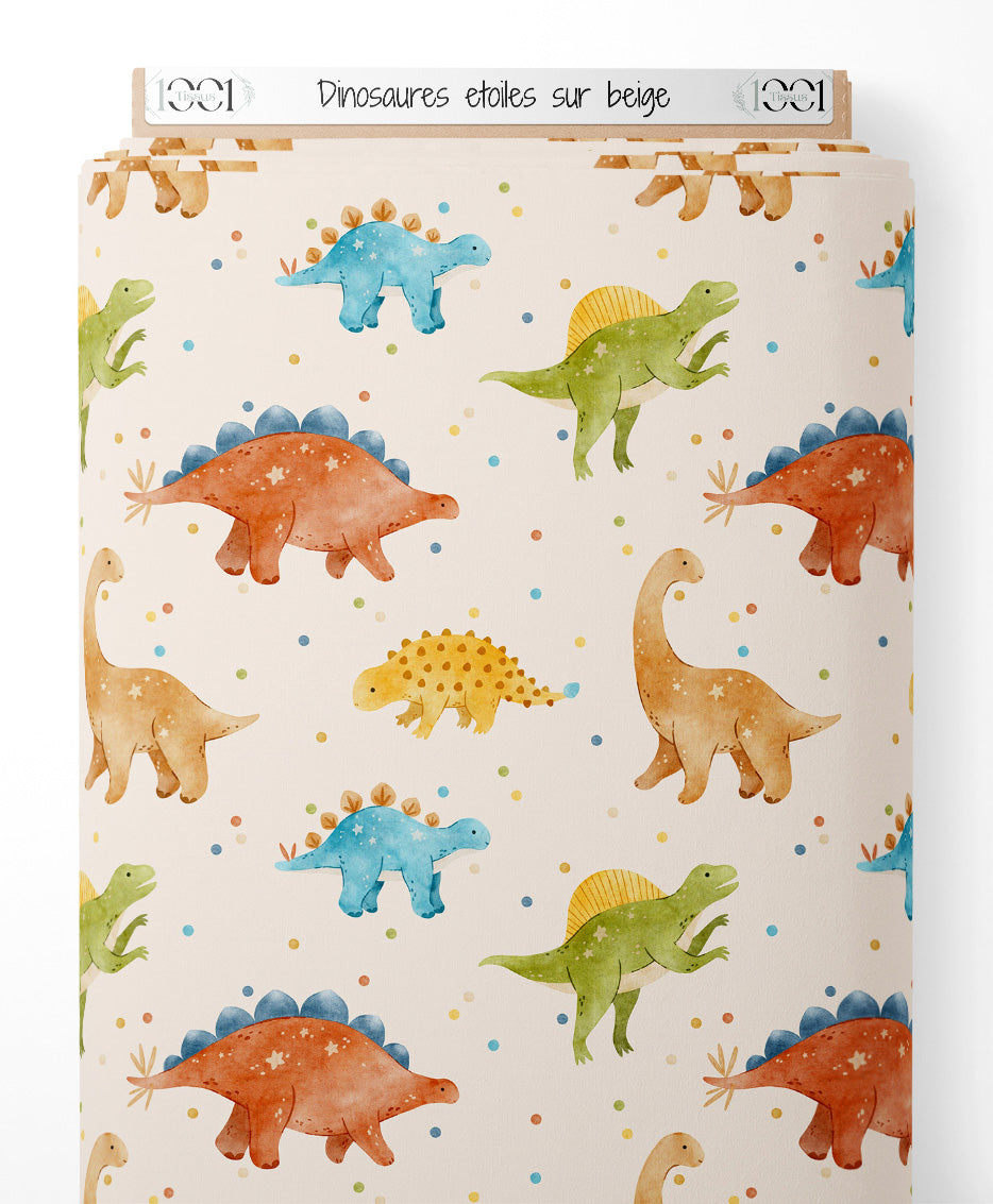 Tissu - Dinosaures étoilés sur beige
